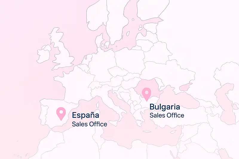 Sales-offices-Topdermal-2 Mapa de Europa con dos pines, uno en España y otro en Bulgaria, con las oficinas de ventas de TopDermal